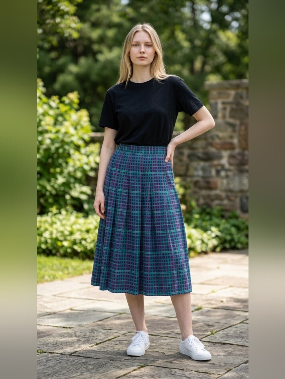 Vintage Koret Blue and Green Midi A-Line Skirt